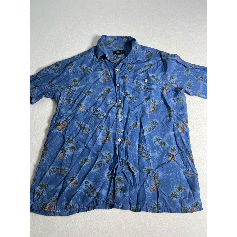 Pronto Uomo Mens Large Blue Tropical Pineapple Palm Tree Rayon Button Down Shirt - Picture 4 of 5